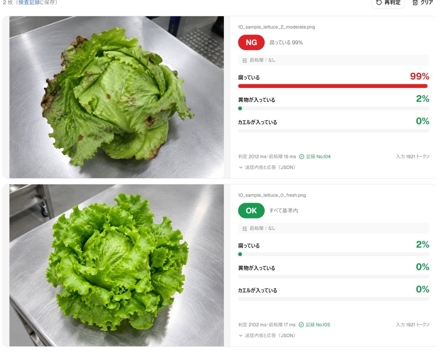 ZEROKENのテスト画面。傷んだレタスをNG、新鮮なレタスをOKと判定している